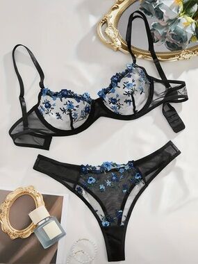 Black & Blue Floral Embroidered Mesh Bra and Panty Set